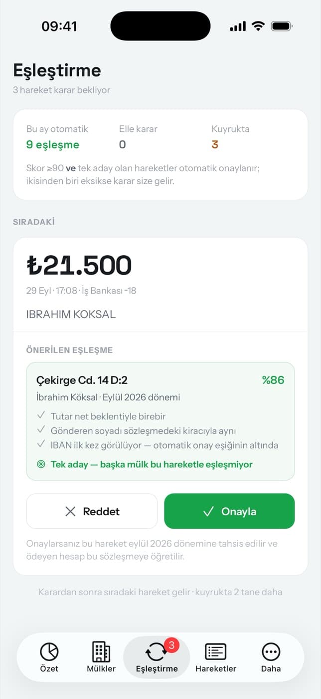Mobil uygulama, eşleştirme ekranı: onay bekleyen hareket ve önerilen sözleşme