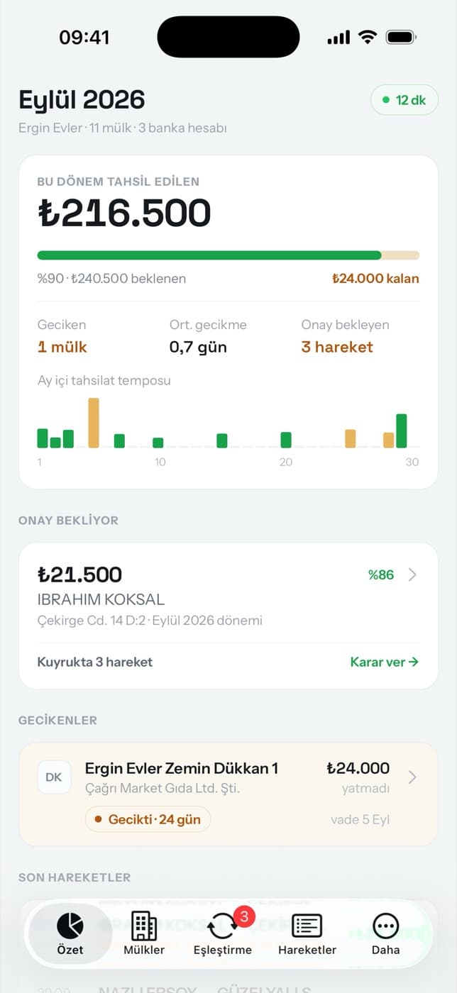 Mobil uygulama özet ekranı: bu dönem tahsil edilen ₺216.500